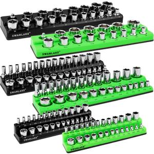 Magnetic Socket Organizer Set, 6-piece 1/4", 3/8", 1/2" SAE & Metric Sockets Holder, Drive Socket Trays, Storage Tool Box, Holding 143 Slots, Soft Rubber Covering Black Green Tools