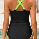 Daci Colorful Black Block Women's One Piece Swimsuits Tummy Control - Neon Color Block Swimwear Sexy Mesh V Neck Athletic Bathing Suit 2026 L (L)