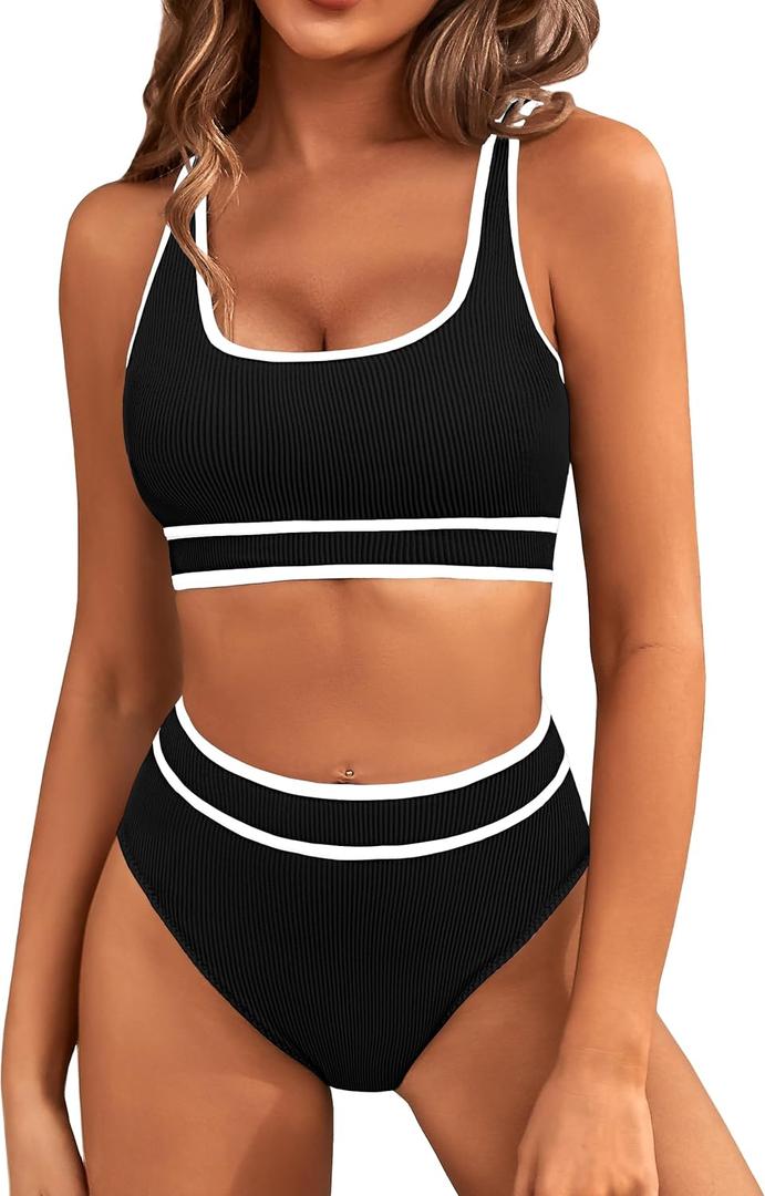 BMJL Women's High Waisted Bikini Sets Sporty Two Piece Swimsuits Color Block Cheeky High Cut Bathing Suits (Medium, Black Ribbed)