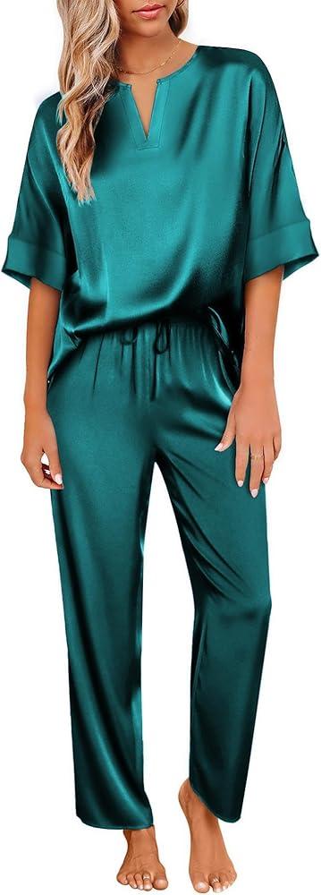 Ekouaer Satin Pajama Set Womens Silk Short Sleeve V Neck Shirt with Long Pant Soft Loungewear Pjs Set
Size M