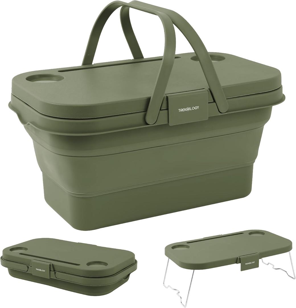 TREKOLOGY 16L Collapsible Picnic Basket with Handles & Lid as Stand Up Table - Foldable, Lightweight, Water-Proof & Leak-Proof - 3-in-1 Rectangle Bucket for Picnics, Camping, Travelling and Road Trips