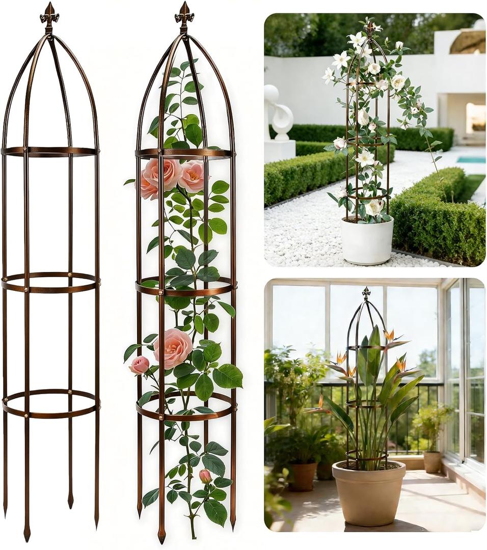 6.3Ft 100% Metal Garden Obelisk Trellis for Climbing Plants Outdoor, Rose Trellis for Potted Plants, Sturdy Garden Trellis for Climbing Vines, Vegetables, Flowers Stands, Pack of 1