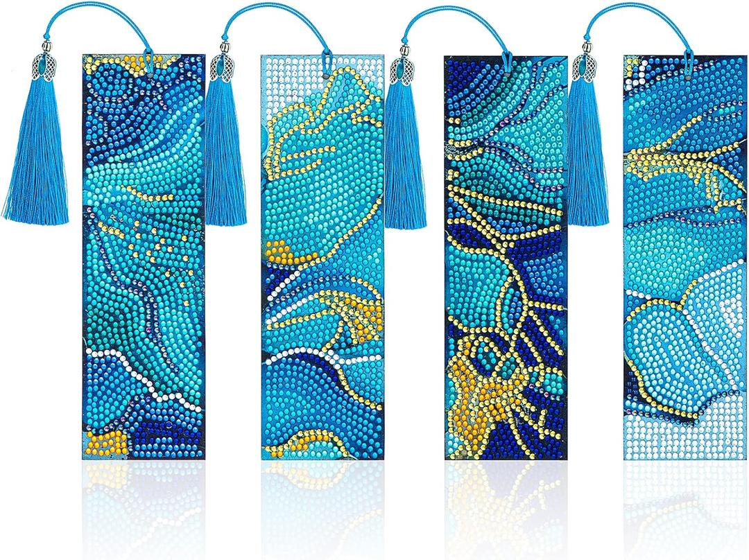 4 Pieces Marble Diamond Art Bookmarks with Tassel - 5D Rhinestone Beaded Pu Leather Blue Art Gem Bookmarks for DIY Making (Blue)