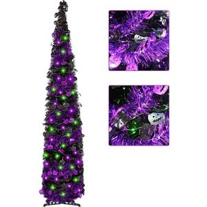 Artificial Christmas Tree with 100 Color Lights, 5 Ft Pop Up Collapsible Tinsel Christmas Tree with Christmas Balls Christmas Decorations for Home Fireplace Party Indoor Outdoor (Black/Purple)