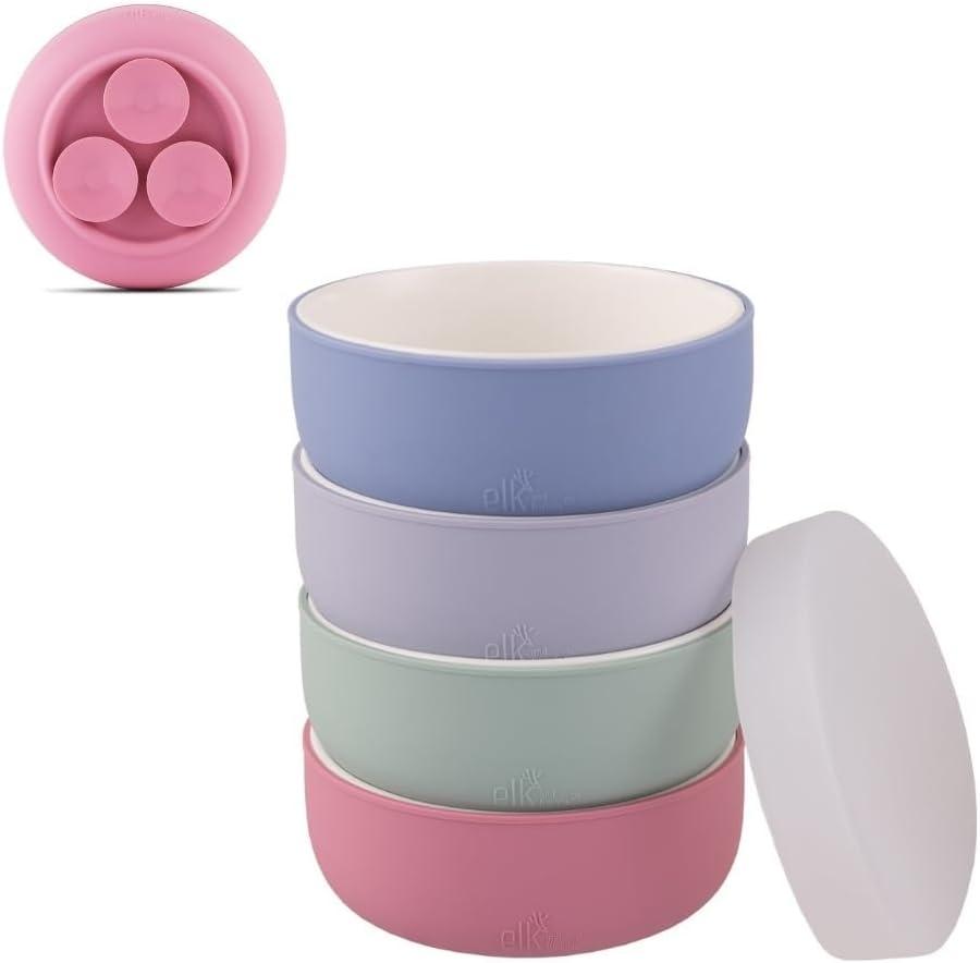 Elk and Friends Kids Porcelain Bowls with Silicone Suction Sleeves | Lids Included | Suitable for Babies/Toddlers | Microwave & Dishwasher Safe | Stay Put Dinnerware | Snack Dishes | 4 Pack (Lilac/Sage/Misty Blue/Blush)
