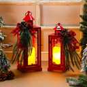 Baquler Red 2 Pcs Christmas Metal Candle Lantern and LED Fake Candles 12'' and 15'' Decorative Lanterns with Xmas Ornament for Porch Outdoor Indoor Decoration Party Gift
