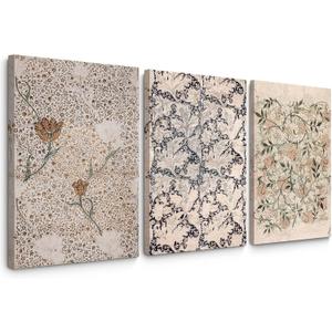 Tanmart Vintage Botanical Wall Art Decor Antique Floral Canvas Wall Art Neutral Flower Prints Poster Vintage Farmhouse Pictures Painting for Living Room Bedroom 16x24 Inch Wrapped Canvas Set of 3