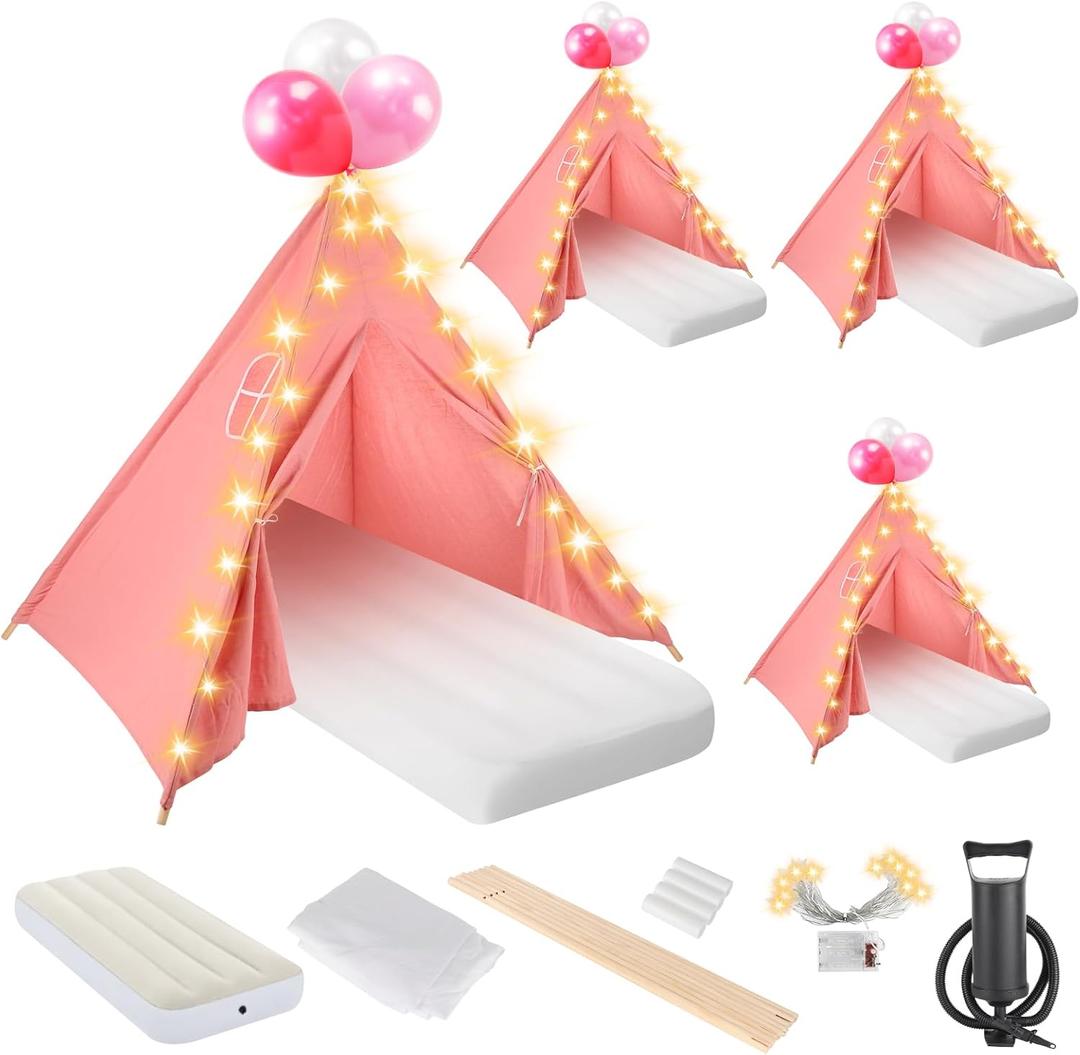 4 Pack Teepee Tent Bulk for Kids with Light String Inflatable Airbed Fitted Sheet Inflation Pump,Natural Cotton Toddler Play Tent for Girls Boys Slumber Party Sleepover Tents, Indoor Outdoor