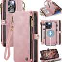 Defencase for iPhone 14 Pro Magnetic Wallet Case Compatible with Magsafe with RFID Blocking Zipper Strap Card Holder for Women, PU Leather Detachable Phone Case for iPhone 14 Pro (6.1 inch), Rose Pink