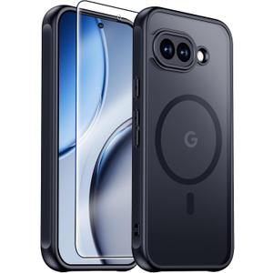 Designed for Google Pixel 9A Case with Magnetic,Translucent Anti-Slip Back Shockproof Protective Phone Cases Slim Cover for Google Pixel 9A Case,6.3"-Black