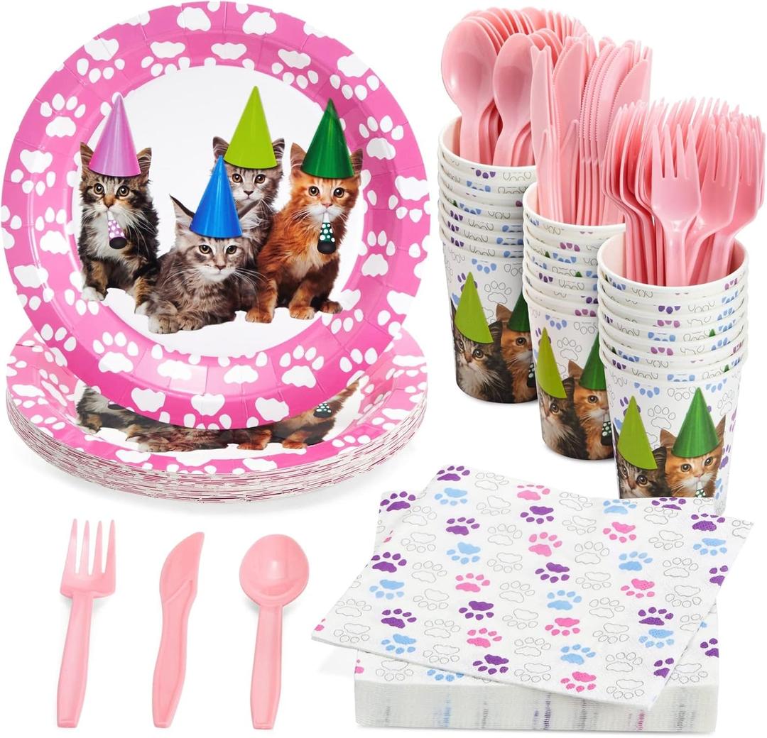 Juvale 144-Piece Kitten Party Supplies Set with Cat Birthday Paper Plates, 6.5-Inch Napkins, 9oz Cups, and Plastic Cutlery, Knives, Spoons, and Forks (Serves 24 Guests)