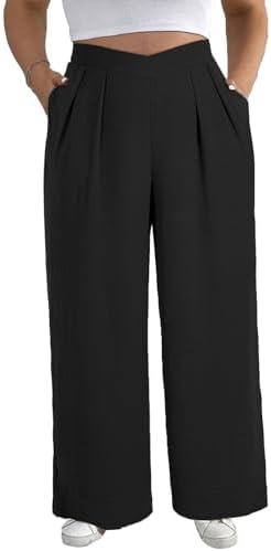 Eytino Womens Plus Size Wide Leg Pants Crossover Waist Pleated Front Casual Work Pants Lounge Trouser with Pockets(3X)