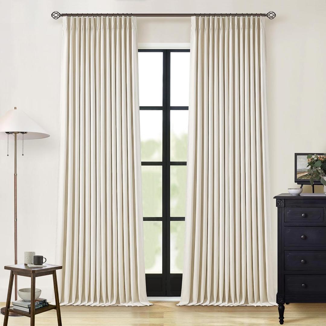 Cream Beige Linen Blackout Curtains Pinch Pleated 102 Inches Long for Bedroom Memory Shape Back Tab Flax Linen Curtains Blackout Farmhouse Full Light Blocking Thermal Insulated Drapes 2 Panels Set