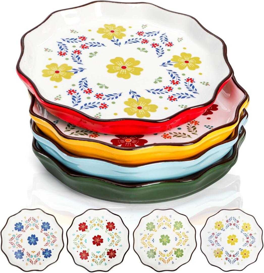 Pumtus 4 Pack Ceramic Dessert Plates, 7.5 Inch Small Floral Dinner Appetizer Plate, Lunch Salad Serving Dishes, Vintage Flat Pasta Bowl for Steak Fruit Pizza, Dishwasher & Microwave Safe