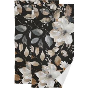 2 Pack Brown Beige Blooming Floral Hand Towels for Bathroom,Absorbent Fingertip Guest Black Flower Leaves Decorative Bath Towels,Soft Abstract Leaf Dish Towels for Kitchen Decor 14"x28"