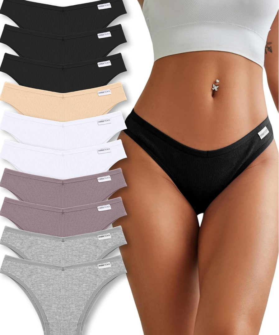 FINETOO Womens Cotton Underwear Sexy Stretch Bikini Panties Low Rise Hipster Ladies Soft V-Waist Cheeky L 9 counts