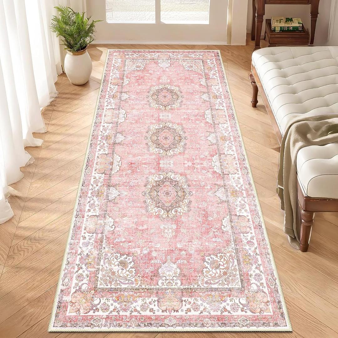 Washable Runner Rug 2'x6',Pink Rug Runners Non Slip,Long Boho Rugs for Hallways Kitchen Bathroom Bedroom Entryway,Vintage Bohemian Distressed Floor Carpet,Blush Floral Flowers