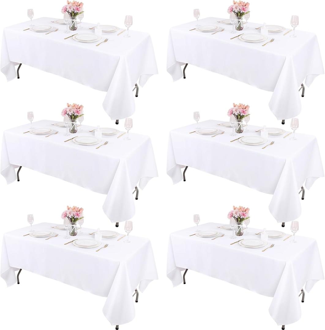 Kesfey 6 Packs White Table Cloths Rectangle 60 x102 inch High Density Washable Polyester Fabric White Tablecloths for 6 Foot Tables Rectangle Wrinkle Resistant Tablecloth for Parties Wedding Banquet