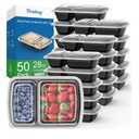 50 Pack (100-Piece) 28 oz Meal Prep Containers Reusable with Lids 2-Compartment, Sturdy Leakproof Food Safe, Microwave Freezer Dishwasher Safe, To Go Take Out Plastic Food Storage, Black