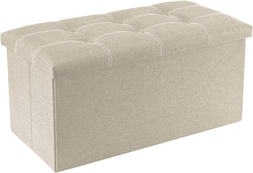 YOUDENOVA 30 inches Folding Storage Ottoman, Ottoman with Footrest Seat Support 350lbs, Storage Bench for Living Room Bedroom, Linen Fabric Beige, 15"D x 30"W x 15"H
