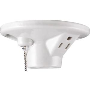 UltraPro Porcelain Light Socket with Outlet and Pull Chain Light Fixture, Light Bulb Socket, Medium Base, Grounded Plug, Indoor Lighting, Mount on 3-1/4 or 4 Box, UL Listed, White, 18305,1-Pack