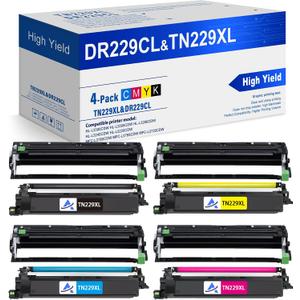 DR229CL Drum Unit Set & Compatible TN229xl Toner Cartridges 4-Pack Replacement for Brother DR-229CL & TN229XL,Use with HL-L3220CDW HL-L3300CDW MFC-L3720CDW MFC-L3780CDW Printer