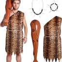 Halloween Caveman Costume Jungle Necklace Tooth Bone Bracelet Inflatable Cave Bat Caveman Stick for Women Men Cosplay