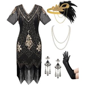 SWEETV YESSA Women's Flapper Dresses 1920s Fringed Sequin Great Gatsby Dress with 20s Accessories -Roaring 20s Costumes (X-Large, Black-gold)