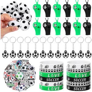 Aoriher 108 Pcs Soccer Party Favors Set Soccer Party Themed Goodie Bag Fillers Mini Soccer Balls Whistle Silicone Bracelet Tattoo Sticker Temporary Keychain for Sport Party Supplies