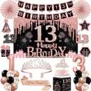 13th Birthday Decorations for Girls,32PCS 13th Birthday Party Decorations,Including Backdrop, Crown, Sash, banner, Hanging Swirl,balloons,Cake Topper,Paper Fans and Anniversary Card