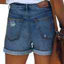 KISSMODA Denim Shorts Women Trendy Button Summer Cut Off Short Womens Jean Shorts High Waisted Denim Hot Ripped Shorts (Blue, M)