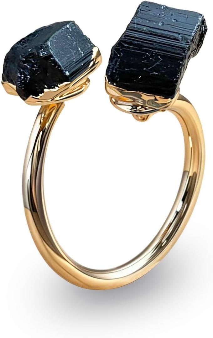 Black Tourmaline Ring for Women, Vintage Gold Tone Black Rings for Men, Adjustable Natural Stone Ring for Chunky Jewelry