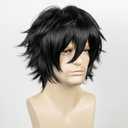 LABEAUT Short Black Anime Cosplay Wig Male Men Anime Layered Unisex Heat Resistant Hair Wig with Bangs for Party and Halloween for Gift + Free Cap