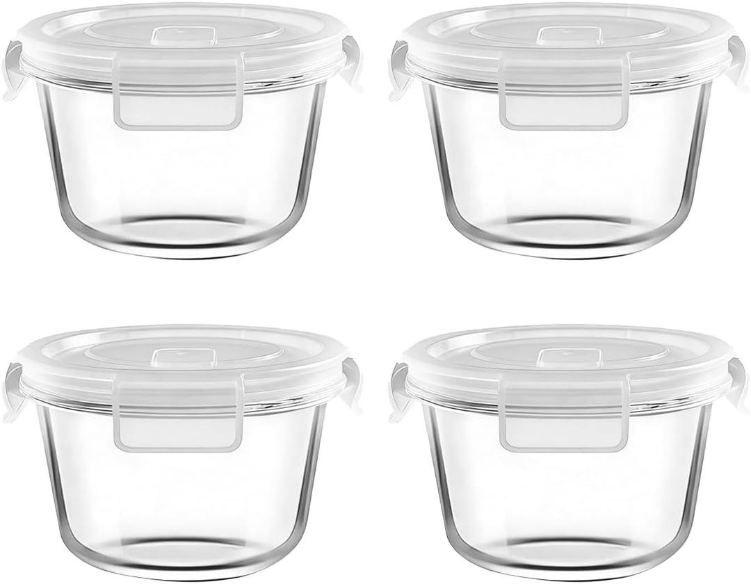 2 Cup Round Glass Food Storage Containers with Airtight Lids,16oz Round Glass Soup Container, BPA-free Small Food Storage Containers for Leftovers. Microwave, Freezer, Dishwasher, Safe-4pack