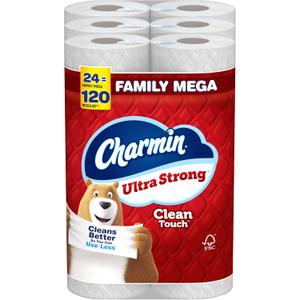 Charmin Ultra Strong Clean Touch Toilet Paper, 24 Family Mega Rolls Regular Rolls