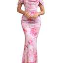 KUTUMAI Off The Shoulder Maxi Long Dress Corset Ruched Bodycon Cocktail Formal Wedding Guest Dresses for Women Rose S