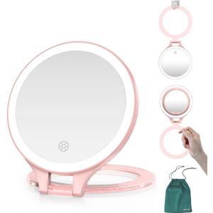 Mocado Travel Makeup Mirror with Light, 1X/20X Magnifying, Double Sided, 3 Color Light, Dimmable Touch, Rechargeable (Pink)