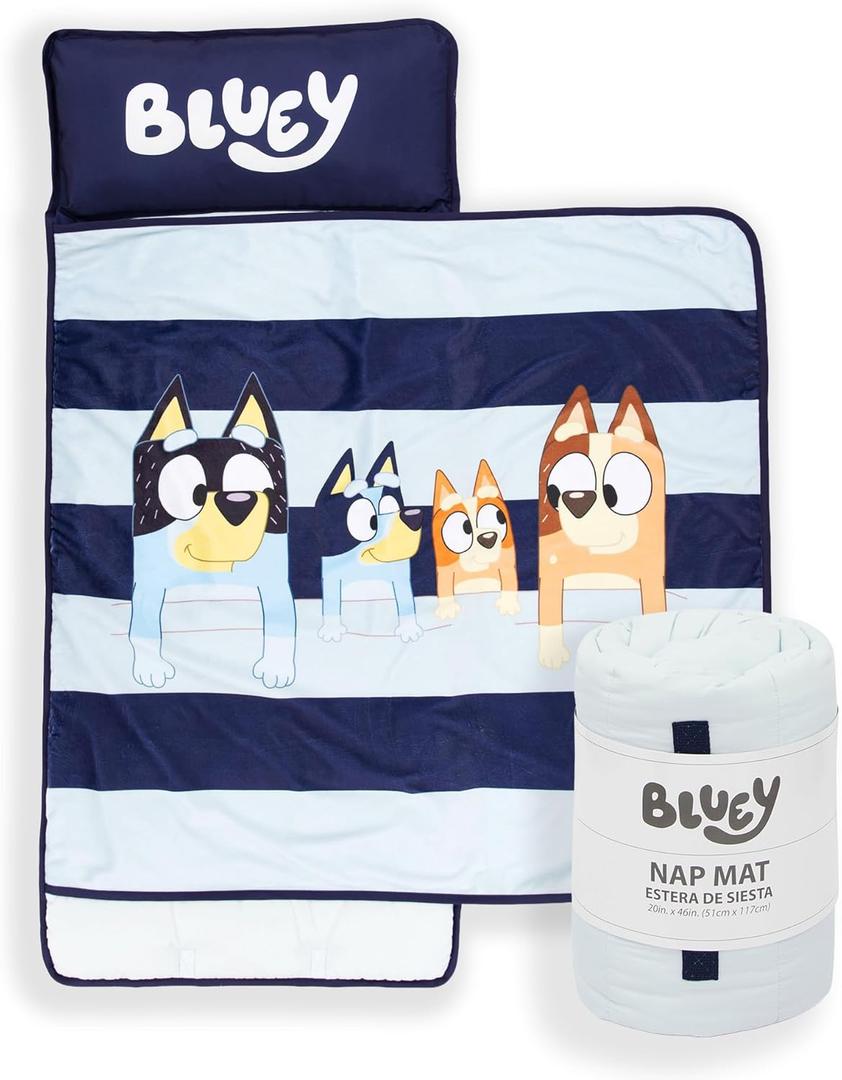 Jay Franco Kids Nap Mat with Embedded Pillow & Blanket  Soft 46"x20" Microfiber Sleeping Bag with Name Tag & Handle for School, Travel, Sleepover (Blue - Bluey)