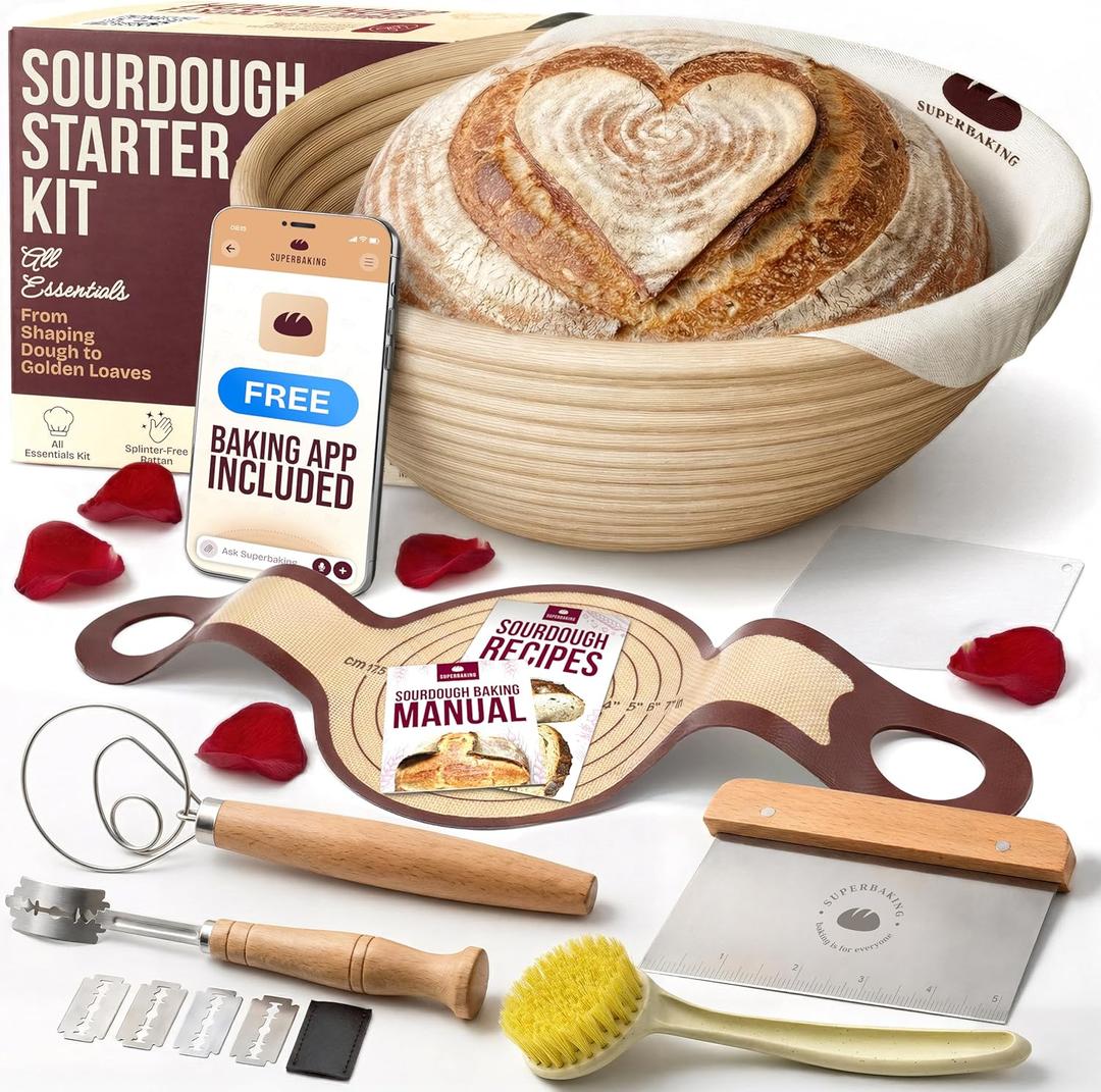 Superbaking Sourdough Starter Kit, 9" Round Banneton Bread Proofing Basket Set, Sourdough Bread Baking Supplies, Sourdough Tools with Silicone Bread Sling, Bread Making Tools, Baking Gifts