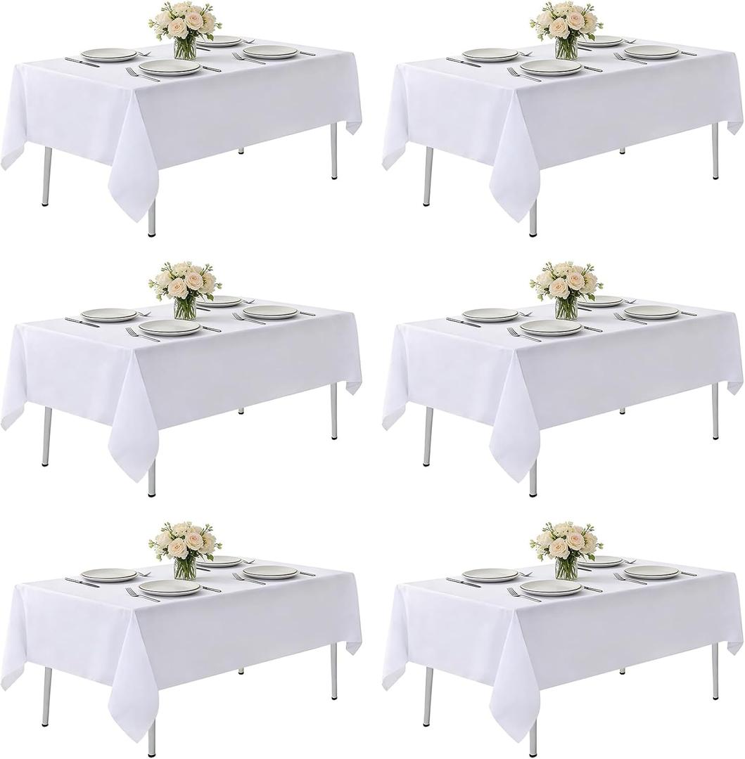 MRJ White Polyester Tablecloth 6 Pack, 60 x 102 Inch Rectangle Table Cloth for 6 Feet Tables, Bulk Stain Resistant Wrinkle Free Washable Fabric Cover for Weddings, Banquets & Restaurants