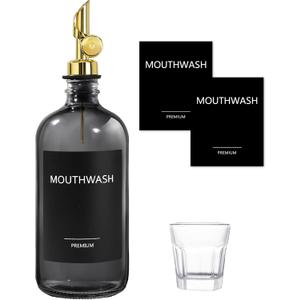 Mouthwash Dispenser for Bathroom, Glass Mouthwash Dispenser with Cup, Mouth Wash Container Bottle with Cup, Refillable Mouthwash Decanter, Clear Black, 1 Pack, 17oz