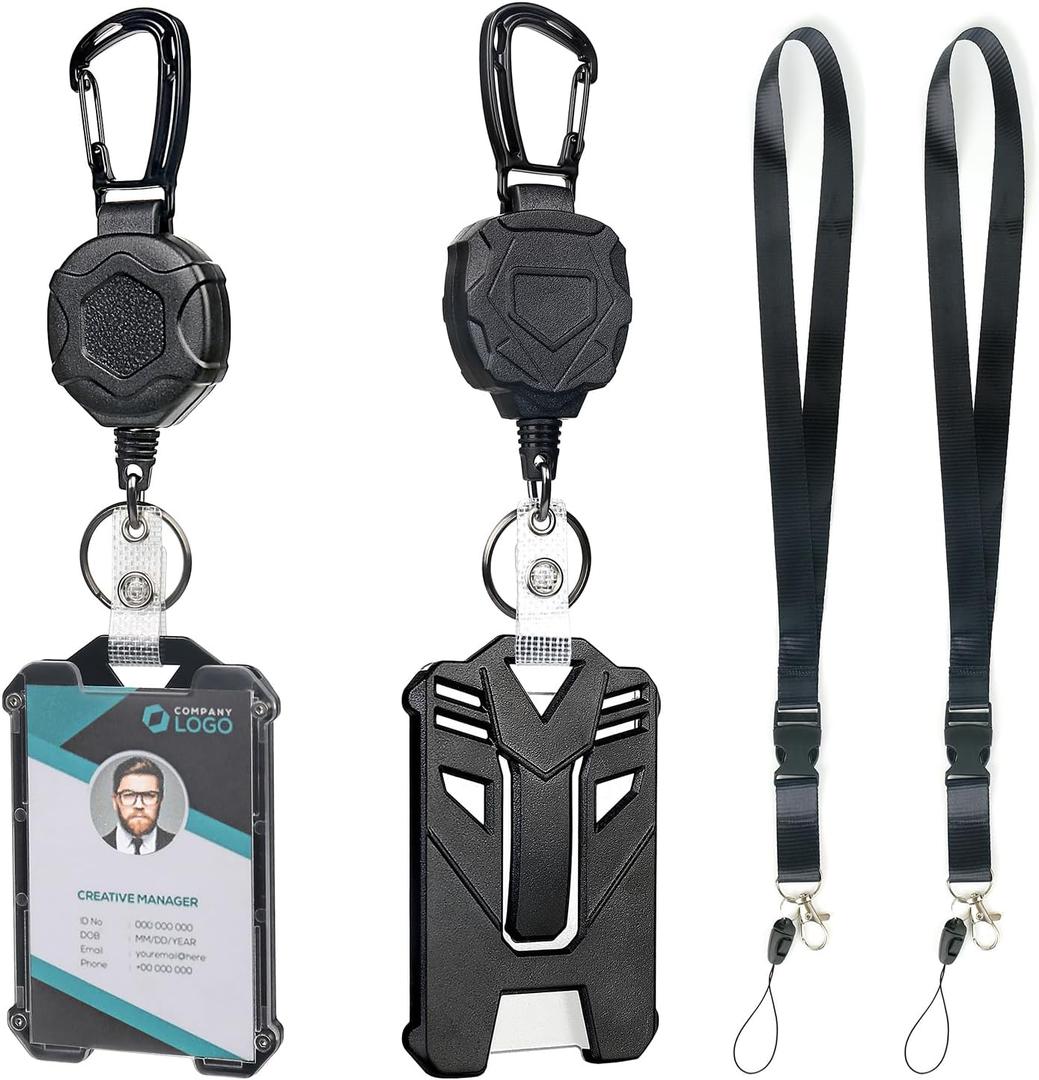 AIDSOTOU Heavy Duty Retractable Keychain Carabiner Badge Reel ID Badge Holder Retractable Clip with Breakaway Lanyard ID Cards Holder Cool Tactical ID Holder (2pack-black-round)