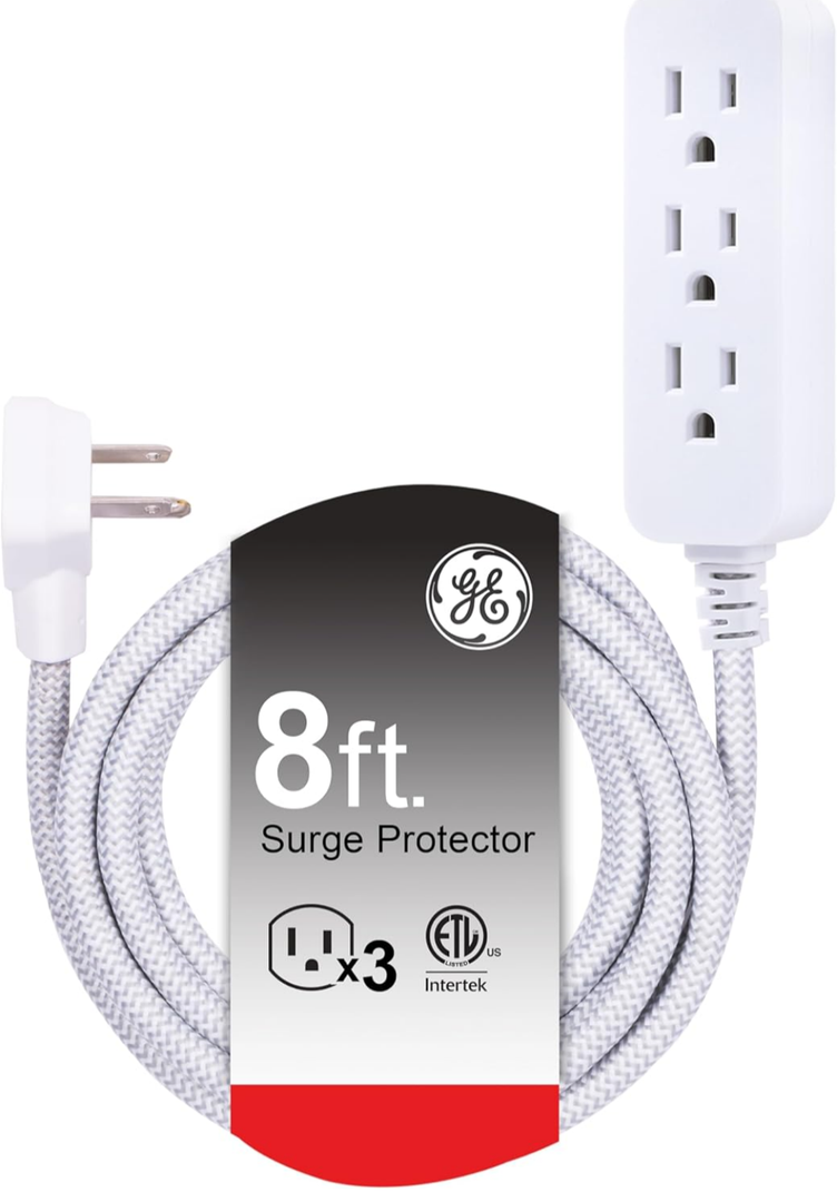 GE 3-Outlet Power Strip Surge Protector 8 Ft Braided Extension Cord with Multiple Outlets Grounded Flat Plug ETL Listed White 38433
