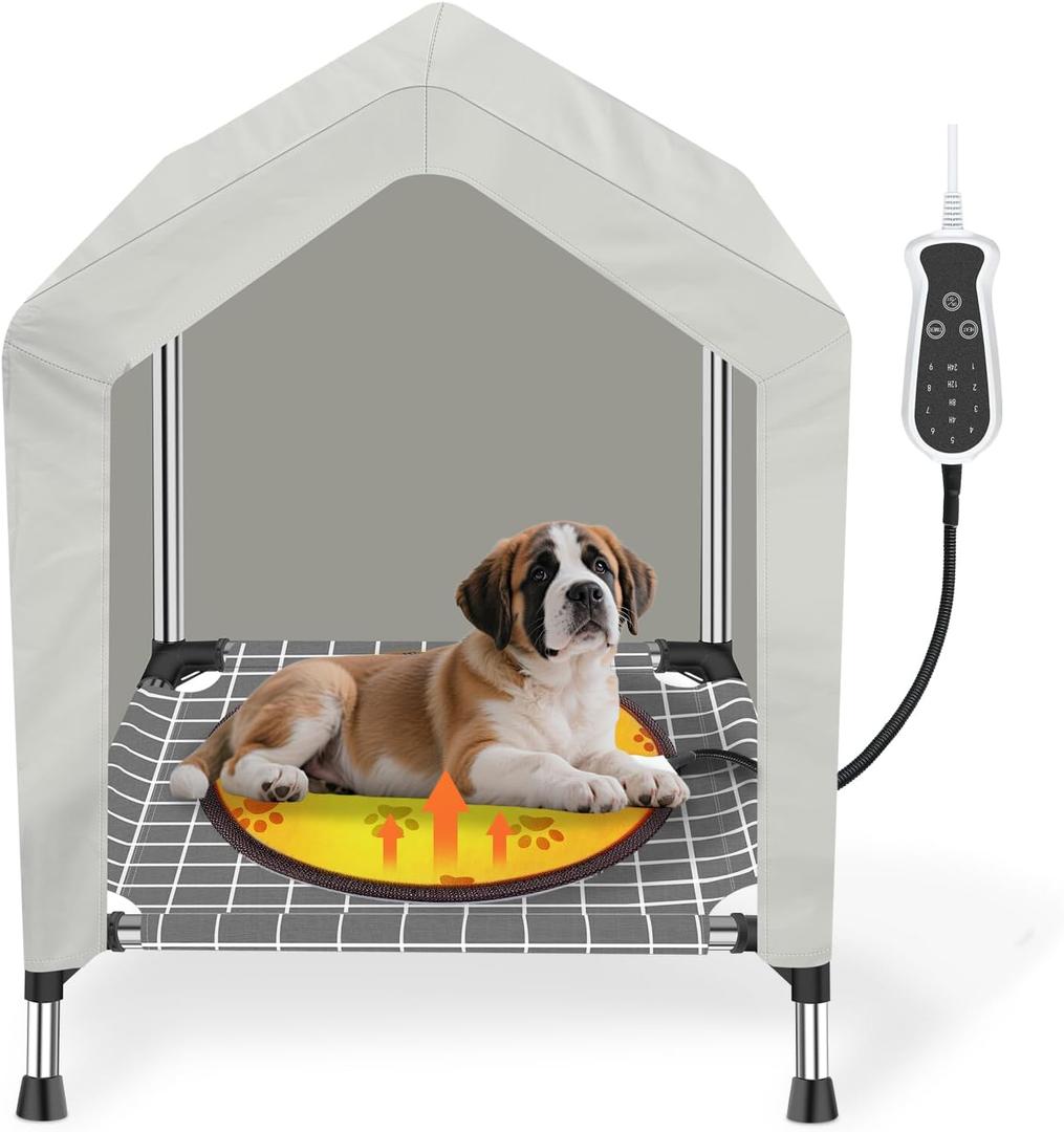 Heated Elevated Dog House for Small Dogs - with 9-Level Adjustable Heating Pad, Timer Function, Raised Off-Ground Design for Ventilation & Anti-Moisture, Keep Pets Warm in Winter Cold