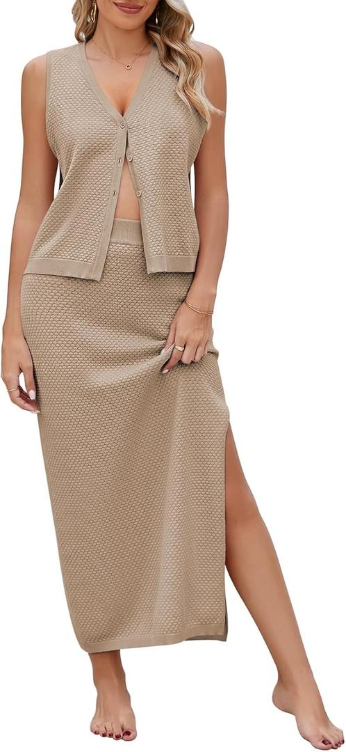 Pink Queen Women's Summer 2 Piece Outfit Set V Neck Button Crop Tank Top Vest Bodycon Maxi Long Skirt Waffle Knit Dress (Khaki, Small)