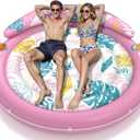 JOSEN Pool Floats Adult, Inflatable Tanning Pool - Extra Large Pool Floats for Adults Heavy Duty, Round Pool Rafts, River Lake Floaties Water Floats with Cup Holders (Pink White)