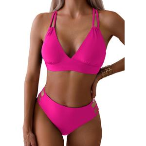 Tainehs Women's Push Up V Neck Bikini Sets Criss Cross Back Two Piece Bathing Suit (Large, Hot Pink)