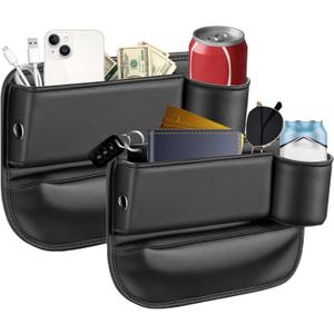 2026 Upgraded 2 PC (L+R) Premium Leather Car Seat Gap Filler Organizer with Cup Holder & Storage Slot/Bag Fits Front Seat, Holds Phone, Glasses, Cards,Keys,Car/SUV/Truck Christmas Gifts