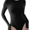 PUMIEY Long Sleeve Bodysuit For Women Sexy Body Suits Crew Neck Tops Jet Black M