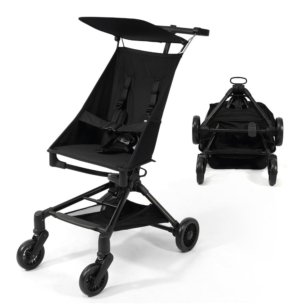 Lightweight Travel Stroller for Airplane, 10.5 lbs Compact Foldable Baby Stroller with Sun Visor & Storage Basket, Convenience Airplane Strollers with Lockable Rear Wheels and Breathable Fabric, Black